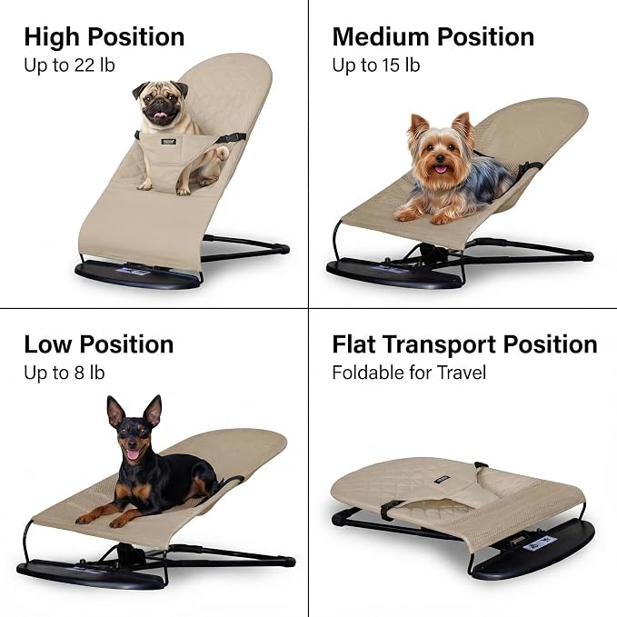 Cat & Dog Rocking Chair - Bouncer Bed for Frenchie, French Bulldog Lounge, Outdoor Portable Foldable Pet Furniture. Adjustable Height, Breathable Mesh, Safety Harness for Small Animals & Puppies