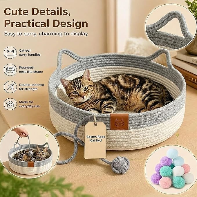 Instinct Basket for Cats,Cat Basket Bed with Cushion & Hanging Ball Toy,Handwoven Cotton Rope Cat Basket (Orange,S(up to 9Lb))
