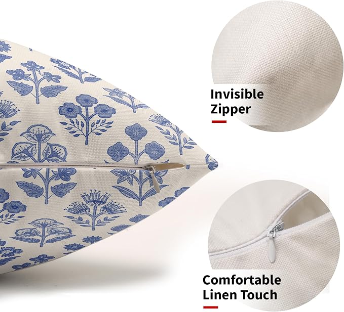 Blue Floral Pillow Covers 12x20 Inch Set of 2, Block Print Lumbar Flower Cream Decorative Throw Pillowcases Outdoor Farmhouse Rectangle Cushion Covers Spring Summer Sofa Couch Bed Decor