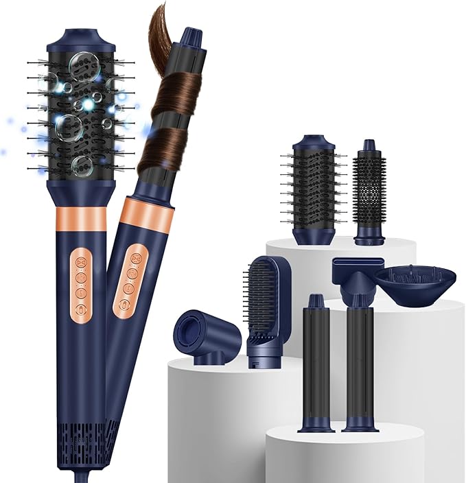 DORISILK 8 in 1 Hair Styler, 110000 RPM High-Speed Hair Dryer Brush Blow Dryer and Auto Wrap Curlers, Negative Ions Hot Brush Styler Smooth for Fast Drying Volumizing Straightening Curling, Deep Blue