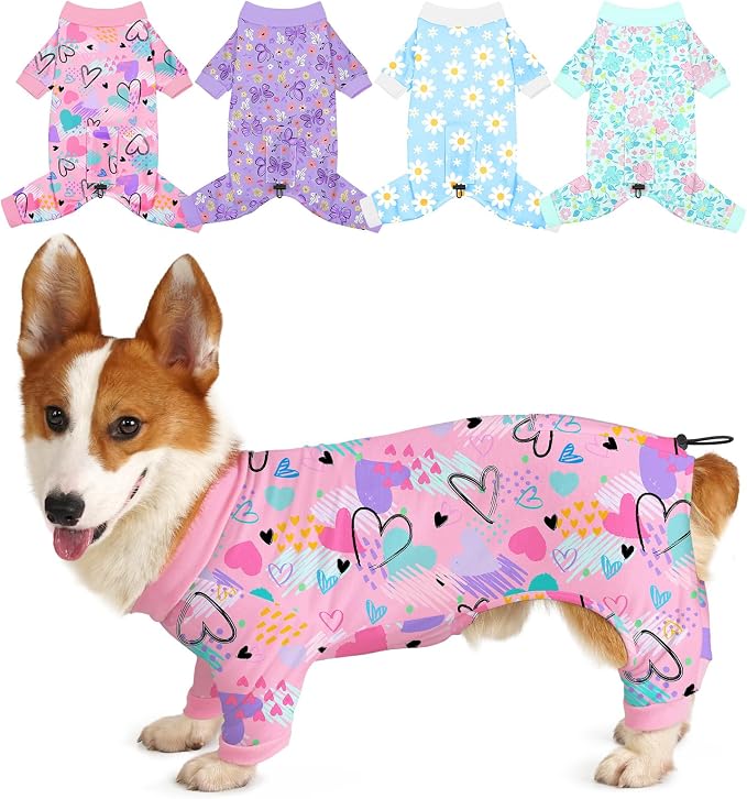 Bienbee Dog Pajamas, 4 Pack Adjustable Onesies for Small to Large Dogs XL | Dog Shedding Suit with Soft Fabric, Breathable & Stretchy, and Adjustable Back Length for Sleeping Lounging and Daily Use