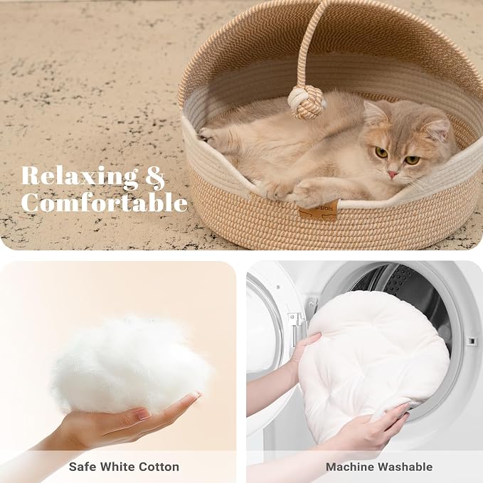 CHEERPALS Cat Basket Bed with Washable Cushion and Ball Rope Cotton, Covered Pet Bed for Indoor Cats Cave Bed Hooded, Stimulicat Cat Bed Handwoven Breathable, All Season Universal(White)