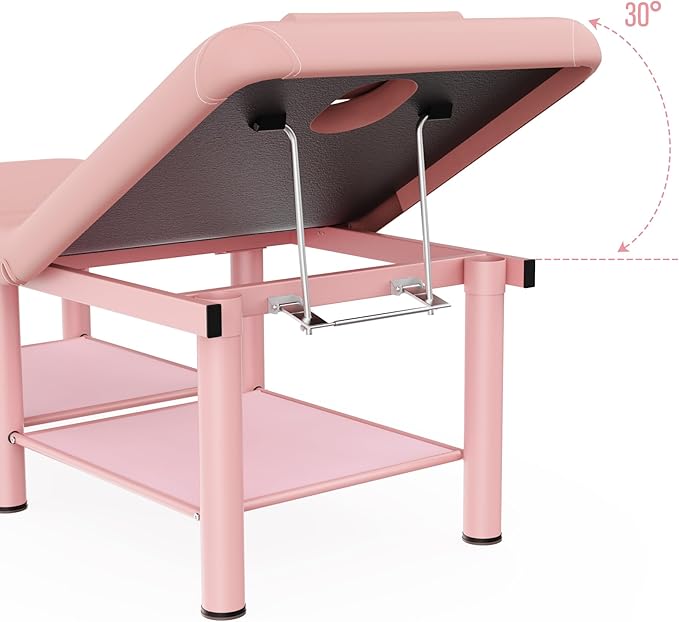 pouseayar Pink Stationary Massage Table Folding Bed with Backrest & Storage Space for Treatment Table Physical Therapy Table Spa Facial Bed, Metal Frame PU Leather, 30.5'' Wide × 75'' Long