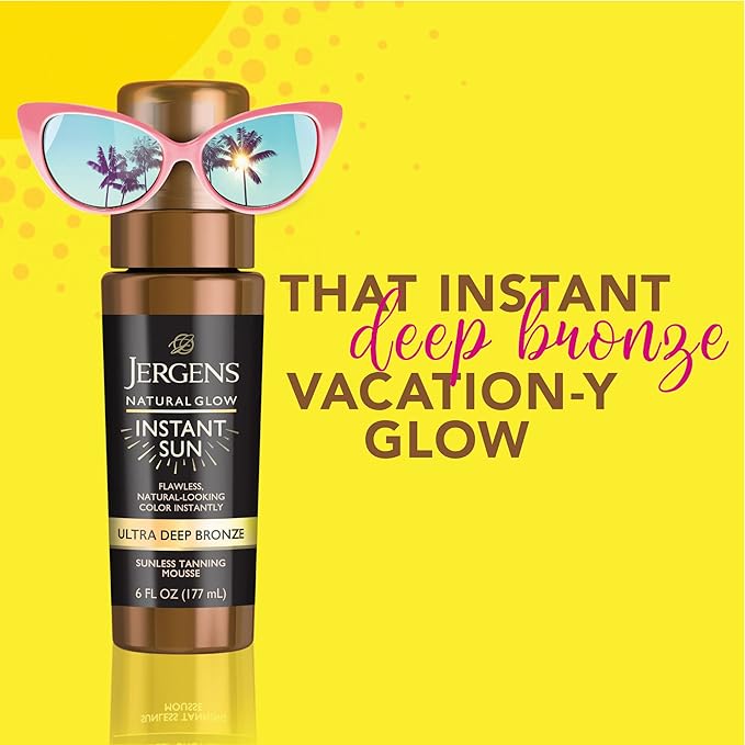 Jergens Natural Glow Instant Sun Body Mousse, Self Tanner for Ultra Deep Bronze Tan, Sunless Tanning Body Bronzer, Natural Looking Fake Tan, 6 Oz, Pack of 2