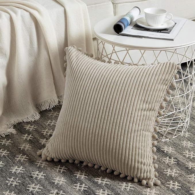 Fancy Homi Set of 2 Tan Decorative Throw Pillow Covers 12x12 Inch with Pom-poms for Couch Bed Sofa, Modern Farmhouse Boho Home Decor, Soft Plush Corduroy Cute Cushion Case 30x30 cm