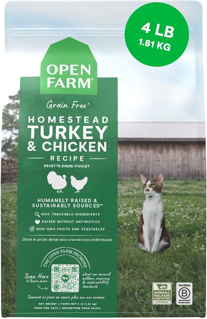 Open Farm Grain Free Dry Cat Food, Turkey & Chicken Kibble, 4lb Bag | All Life Stages, High Protein, Prebiotic Fibers, 100% Traceable Ingredients, Non-GMO Fruits & Veggies.