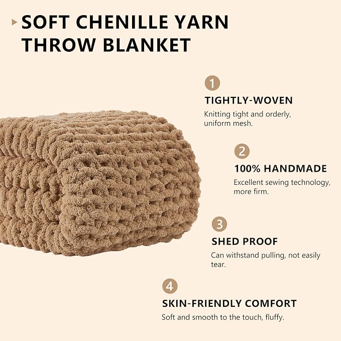 L'AGRATY Chunky Knit Throw Blanket for Couch, 50'' x 60'' Knit Throw, Tan | Handmade Chenille Crochet Blanket for Sofa Bed, Thick Cable Knitted Blankets for Room Home Decor, Birthday Gift for Women Mom