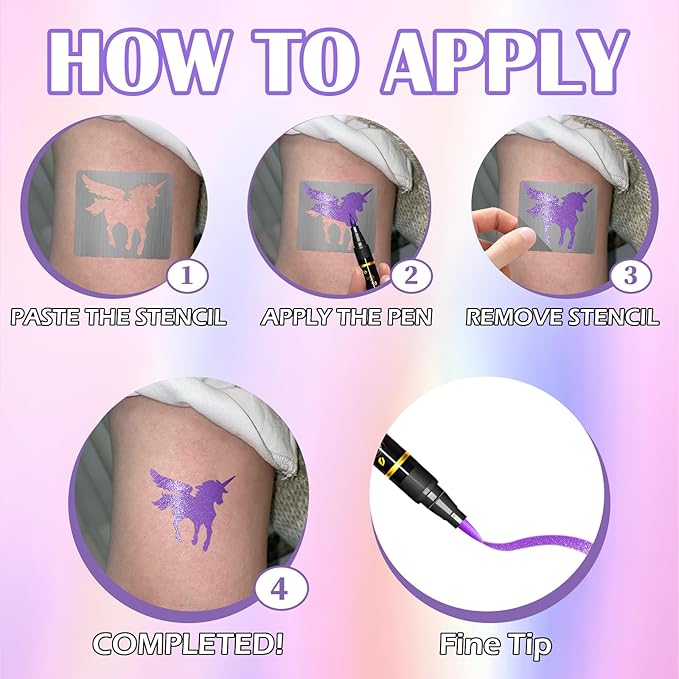 Unicorn Temporary Tattoo Markers for Skin, 8 Metal Body Markers + 169 Large Princess Rainbow Tattoo Stencils for Kids Adults, Cosmetic-Grade Tattoo Ink, DIY Body Art Party Favors for Women Men