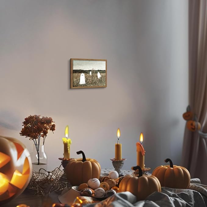 Framed Vintage Halloween Wall Art, Cute Ghost Meadow Painting, Rustic Landscape Canvas Halloween Wall Decor, Aesthetic Spooky Ghost Wall Art for Living Room Bedroom Bathroom 8x10 inch