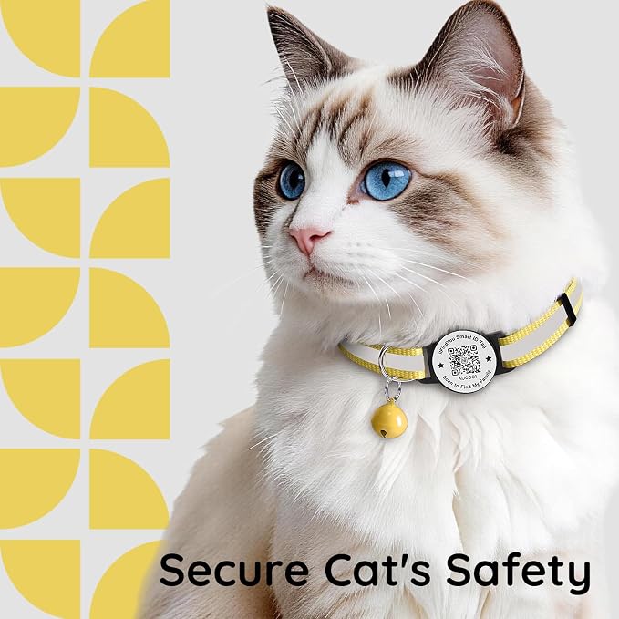 Breakaway Cat Collar QR Code, Reflective Bell, Adjustable Kitten, Yellow