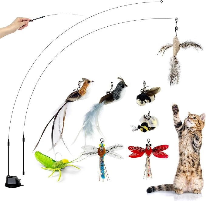 TTcat Suction Cup Cat Toy Wand, 2 in 1 Handheld & Free Standing Interactive Cat Teaser with 8 Pcs Replaceable Feather Bird Insect Refills, Long Flexible Wire Cat Wand Toy for Indoor Cat Self Play.