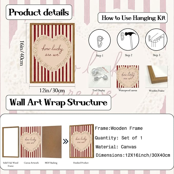 Framed How Lucky Are We Wall Art, Vintage Red Striped Pictures Wall Decor, Romantic Lace Heart Quote Paintings Canvas Prints Coquette Home Decor for Living Room Bedroom Bathroom 12x16 inch