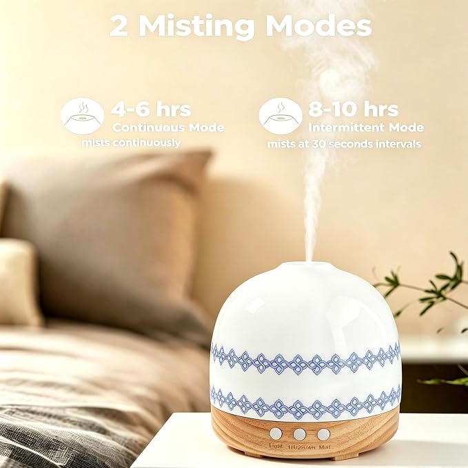Aromatherapy Diffuser,300ML Handmade Essential Oil Ceramic Diffusers for Large Home with Cool Mist Humidifier & Night Light for Bedroom, Office, Yoga, Spa Women Gifts,Blue Flower