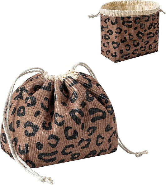 RSRSLEII Aesthetic Corduroy Drawstring Makeup Bag, Cute Coquette Drawstring Cosmetic Bag with Canvas Lining, Leopard Print Travel Makeup Organizer Case for Women Girls (10 Brown Leopard Print)