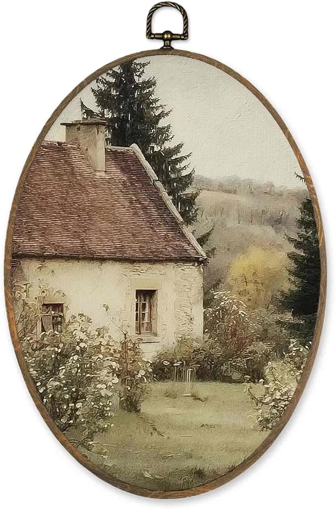 LKETW Rustic Farmhouse Country Oval Wall Art Decor, Cottagecore Antique Oval Canvas Hanging Decor, Vintage Countryside Landscape Wall Decorations for Home Bedroom Living Room, 8.6x11.4 Inch