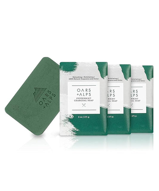 Oars + Alps Peppermint Charcoal Exfoliating Men's Bar Soap, Dermatologist Tested and Made with Clean Ingredients, Travel Size, 3 Pack, 6 Oz Each