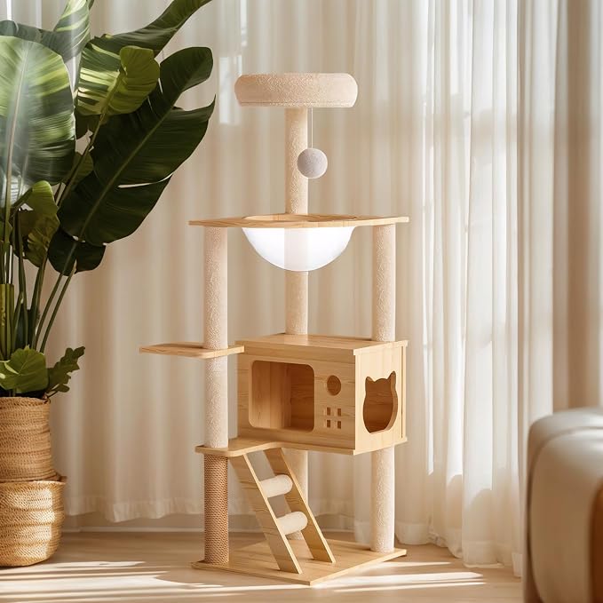 Cat Tree & Litter Box Enclosure,Modern All-in-one Indoor Cats Tower with Large Platform, Cat Condo with Wood House, Food Station, Hammocks (45.8“)