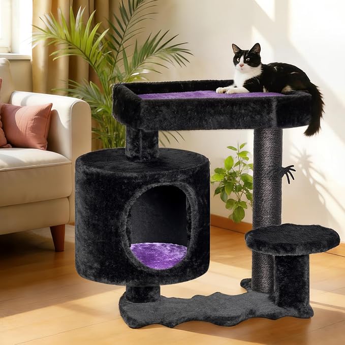 BEWISHOME Cat Tree for Indoor Cats, Gothic Cat Tree with Coffin Bed | Goth Cat Tree Tower with Scratching Posts/Board, Cat Condo/House/Shelves for Kittens, Spider Toy, Black and Violet Small