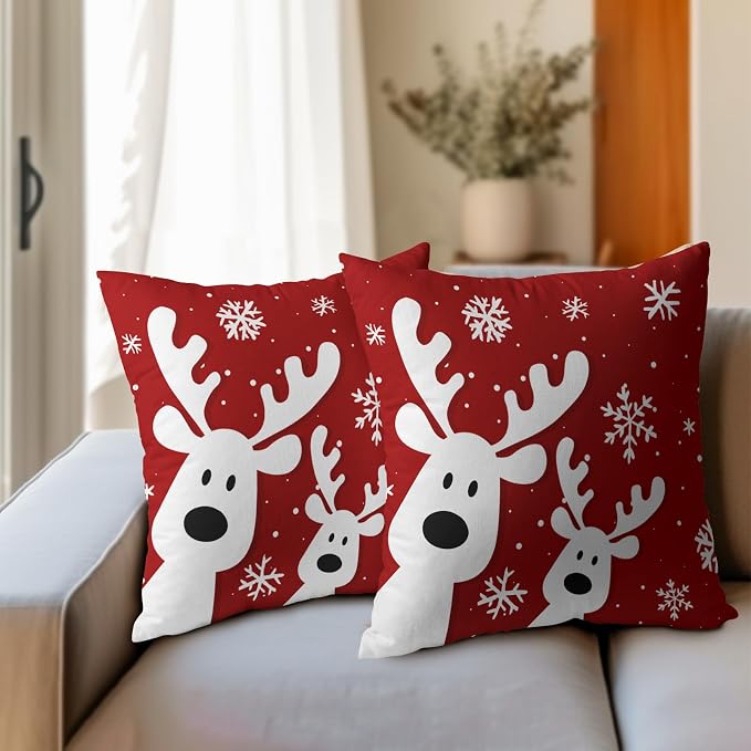 Kawani Christmas Deer Throw Pillow Covers 20x20 Inches, Set of 2 Red Xmas Reindeer Snowflakes Cotton Linen Pillowcase Soft Farmhouse Cushion Case for Couch Sofa Bed Living Room Decor