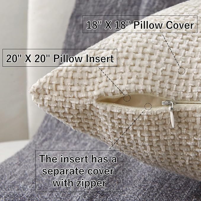 18" x 18" Decorative Throw Pillow with Inserts, Set of 2 Soft Modern Farmhouse Weave Pattern Throw Pillows, Square Boho Pillow for Couch, Bed, Sofa Decor (Beige, 18" x 18"(Pack of 2))