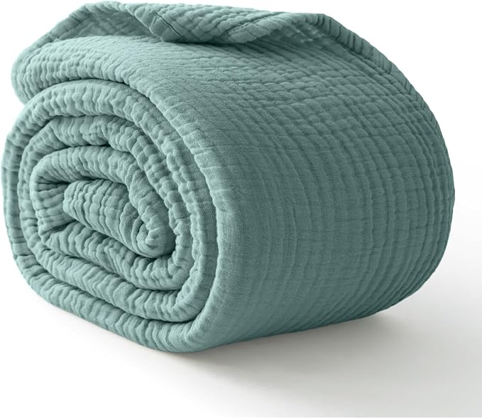 100% Cotton Muslin Blanket King 108" x 90", 6 Layers Breathable and Lightweight Cotton Throw Blanket for Bed, Soft Quilt Bedspread Coverlet, Gauze Blanket for Adults All Season, Teal