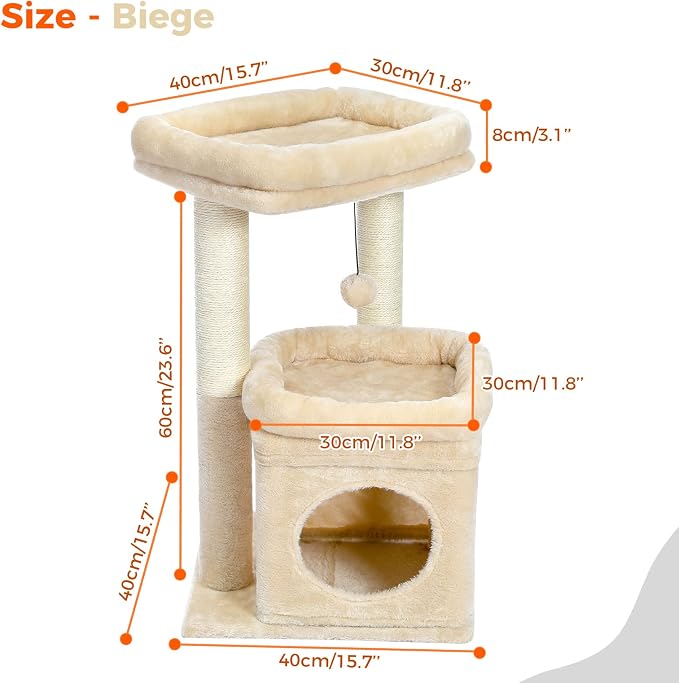 PEQULTI Indoor Cat Tree Tower Small Cats, Sisal Post & Cozy Condo, Beige | Private soft cat condo, soft top perch, natural sisal scratch posts, plush pom-pom toy for indoor kitties