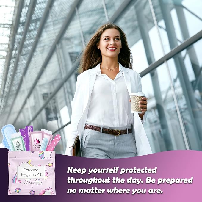 3 x Menstrual All-in-One Kits - Assorted Colors | Convenience on The Go | Single Period Kit Packs | Individually Wrapped Feminine Hygiene Products (Light Brown/Rainbow & Unicorns/Dark Brown)