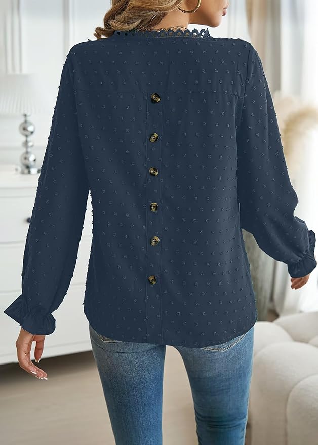 Womens Boho Tops Long Sleeve Shirts For Women Cute Crewneck Blouse Dressy Casual Swiss Dot Crochet Hollow Top 2026