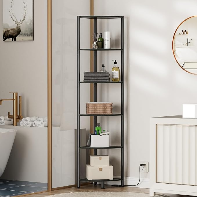 6 Tier Corner Shelf with LED Light, 67.5" Black Narrow Bookshelf | Tall Standing Shelf Organizer, Storage Rack for Wall Corner, Living Room, Bedroom, Metal Frame, Wood Display Shelf