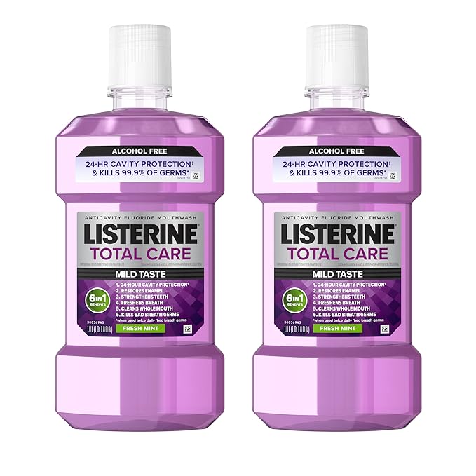 Listerine Total Care Alcohol-Free Mild Mouthwash, 6 Benefit Oral Rinse to Help Kill 99.9% of Germs That Cause Bad Breath, Strengthen Enamel, Mild Mint Flavor, Twin Convenience Pack, 2 x 1 L