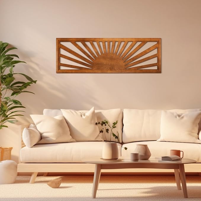 Burbell Horizontal Sun Wall Art 35"x12" Boho Wooden Room Decor,Dark Brown | Long Panoramic Sun Art Above Bed, Vintage Bohemian Design, Carved Hollow Frame, Farmhouse Decor for Living Room Bedroom