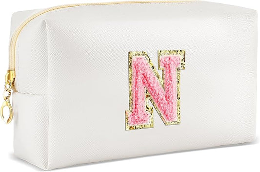 URSKYTOUS Initial Makeup Bag Personalized Preppy Travel Small Cosmetic Bag Cute PU White Chenille Letter Makeup Pouch for Purse Waterproof Zippered Toiletry Organizer for Women Girl Kid Friends(N)
