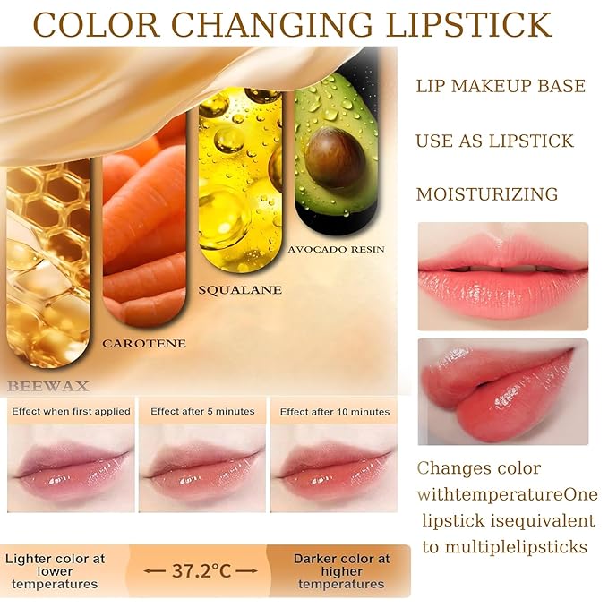 Color Changing Lipstick, Gold Crystal pH Color-Changing Lipstick – 24HR Transferproof & Moisturizing Lip Gloss,Long Lasting Moisturizing Tinted Lip Balm,Thanksgiving and Christmas gifts (golden, 2pcs)