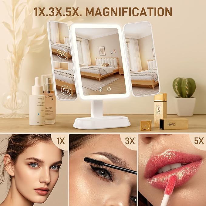 FRANO Vanity Mirror with Lights - Rechargeable Lighted Makeup Mirror | 1X/3X/5X Magnification, Smart Touch, 3 Colors Dimmable | Portable Trifold Mirror for Travel for Women and Girls