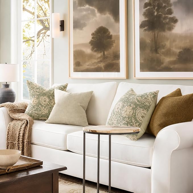 Vintage Floral Print Throw Pillow Covers 22x22 Set of 2 Neutral Modern Farmhouse Pillow Cases Accent Decorative Cushion Covers Boho Home Decor for Couch Sofa Chair Bed Living Room, Sage