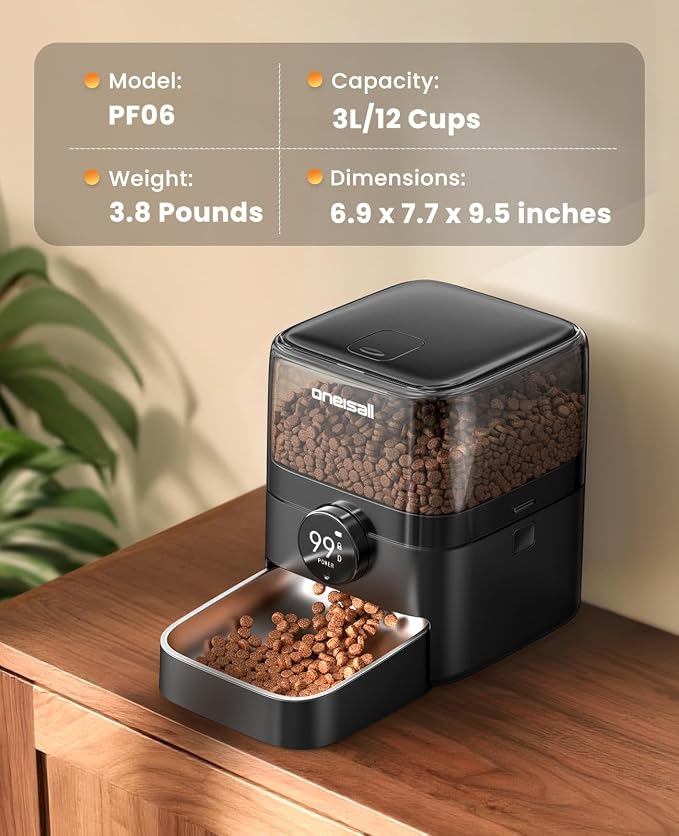 oneisall Cordless Cat Feeder with WiFi | Rechargeable 100-Day Battery Operated, 12 Cups/3L, Dry Food Dispenser, Large Kibble, Smart App Control, Black
