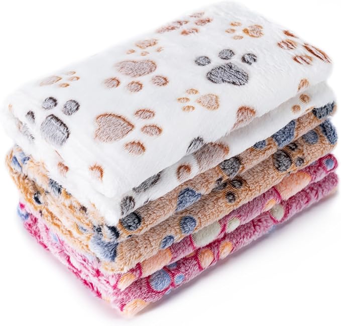 1 Pack 3 Blankets for Dog Puppy Cat (Large 41x31'', Brown, Pink, White) | Super Soft Fluffy Premium Fleece Pet Blanket Flannel Paw Printed Throw