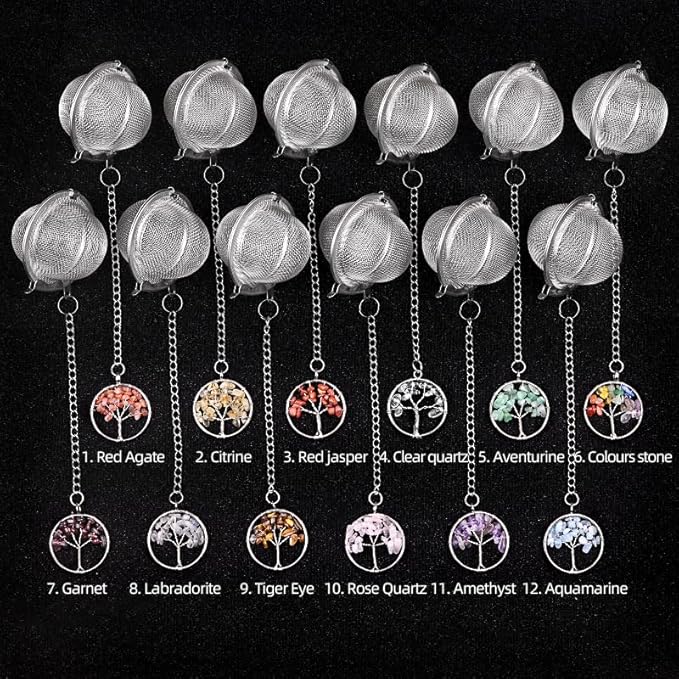 5 Pcs Stainless Steel Tea Ball Infusers with Tree of Life Crystal Charms, Fine Mesh Tea Strainers with Extension Chain & Hook for Loose Leaf Tea, Spices, Seasonings