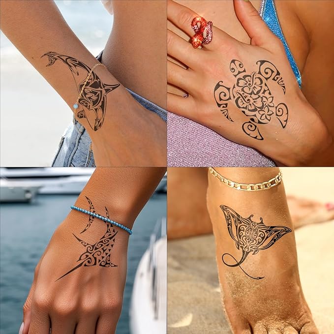 16 PCS Black Tribal Totem Temporary Tattoo Stickers for Women Men, Maori Stingray Shark Whale Turtles Seahorses Patterns, Long-lasting Waterproof Removable Body Art Makeup Fake Tattoo