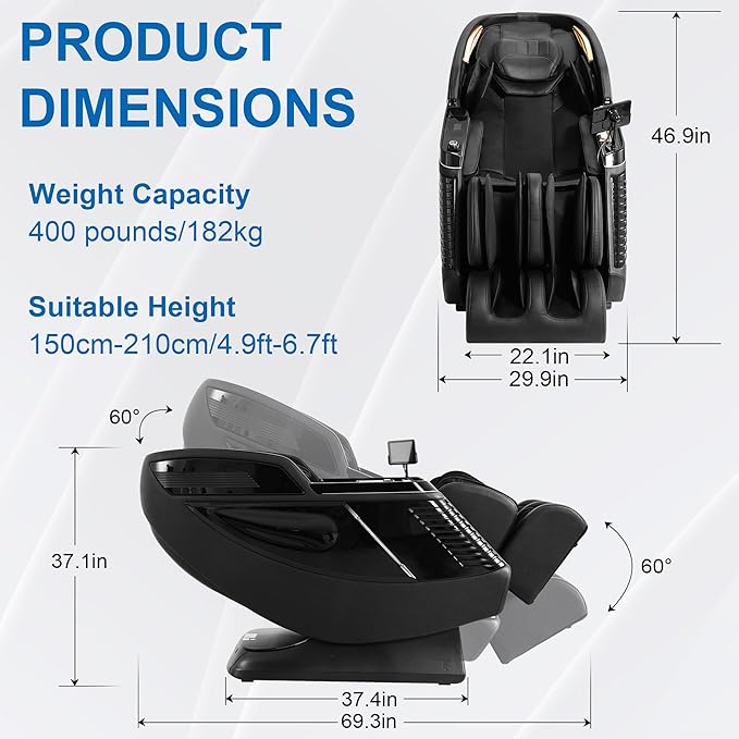 MERITLIFE 4D Massage Chair Full Body, Zero Gravity Dual SL-Track Power Shiatsu Massage Chair,Body Scan, Heating, 24 Auto Modes,Customized Massage(Dark Black)