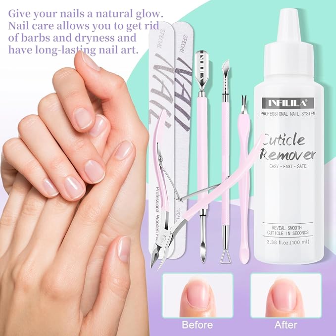 NXJ INFILILA Cuticle Kit, Manicure Kit for Women Cuticle Remover Liquid Cuticle Softener 3.38 oz, Cuticle Trimmer Cuticle Pusher, Cuticle Oil, 200PCS Nail Wipes with Nail Wipes, Gifts for Nail Care