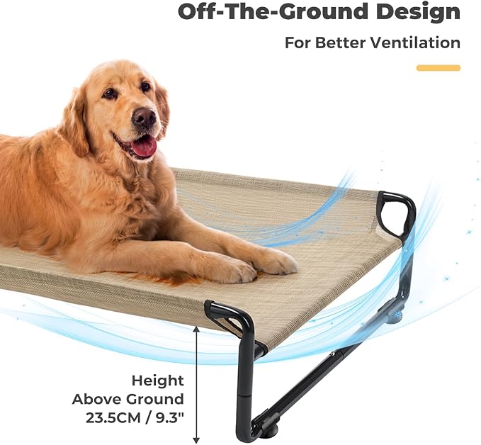 Veehoo Outdoor Elevated Dog Bed, Cooling Raised Dog Beds for Large Dogs | Washable Dog Cot with Headrest Sides, Non-Skid Feet, Breathable Mesh, Cooling Pet Hammock for Indoor or Camping, 42", Beige