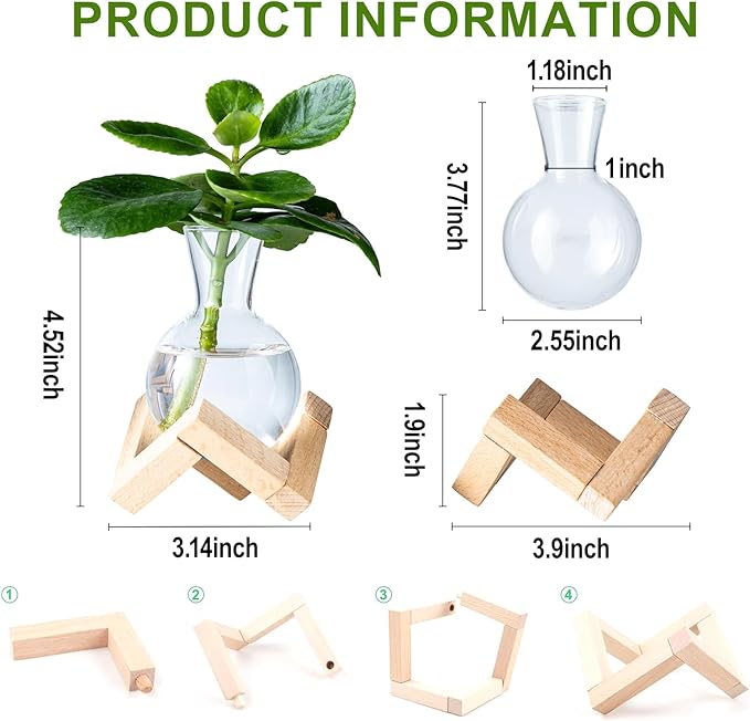 Propagation Stations, Propagation vases with Wooden Stand, Small Tabletop Glass Bulb Vases for Hydroponics Plant Propagation Station Home Office Decoration, Gift for Women Plant Lovers (9)