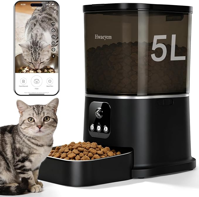 Automatic Cat Feeder with Camera, 5L/28 Cups WiFi Cat Auto Feeder with Two-Way Audio, App Control, Strong Anti-Jam System Smart Timed Cat Feeder with Night Vision for Small Pets Indoor