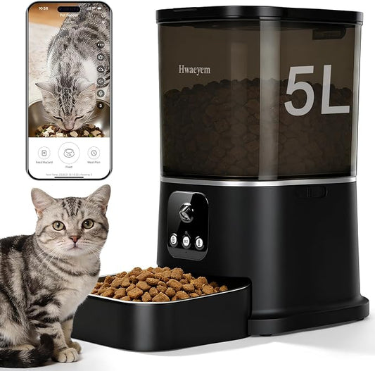 Automatic Cat Feeder with Camera, 5L/28 Cups WiFi Cat Auto Feeder with Two-Way Audio, App Control, Strong Anti-Jam System Smart Timed Cat Feeder with Night Vision for Small Pets Indoor