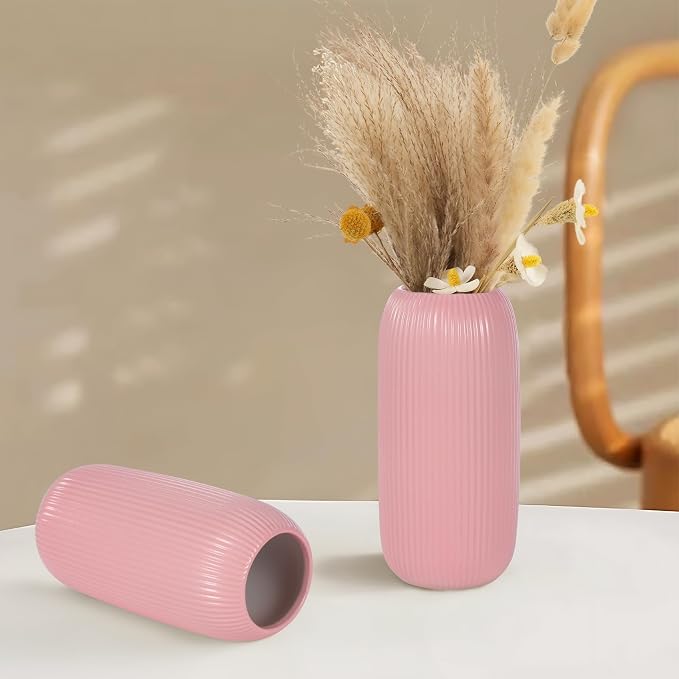 Ceramic Vase for Flowers – Modern Small Ribbed Textured Flower Vase for Home Decor, Pampas Grass, Decorative, Farmhouse, Coffee Table, Kitchen Centerpieces, Bookshelf and Home Living (Pink)