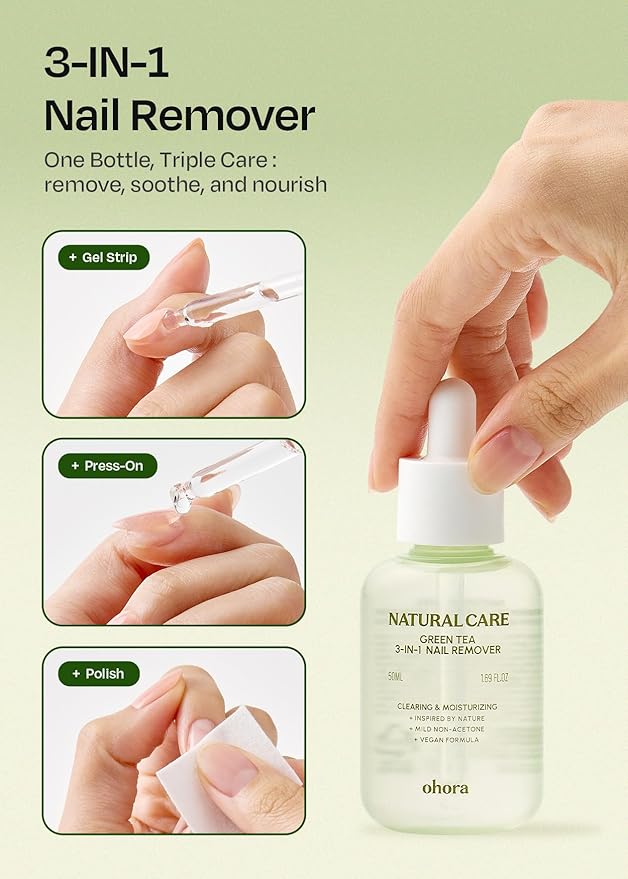 ohora Natural Care Green Tea 3-in-1 Nail Remover 50mL – Non-Acetone, Gentle Moisture-Retaining Formula with Green Tea Extract – For Gel, Press-On & Polish, Smooth Easy Nail Removal