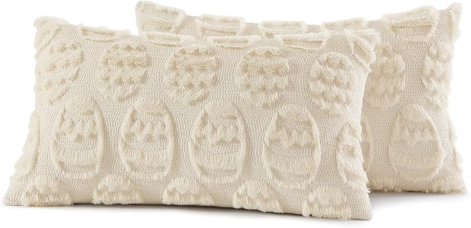 decorUhome Beige Faux Fur Egg Throw Pillow Covers 12x20 Set of 2 | Plush Soft Wool Jacquard Beige Cushion Covers, Modern Farmhouse Neutral Easter Holiday Decor Pillow Covers for Couch Sofa Bed