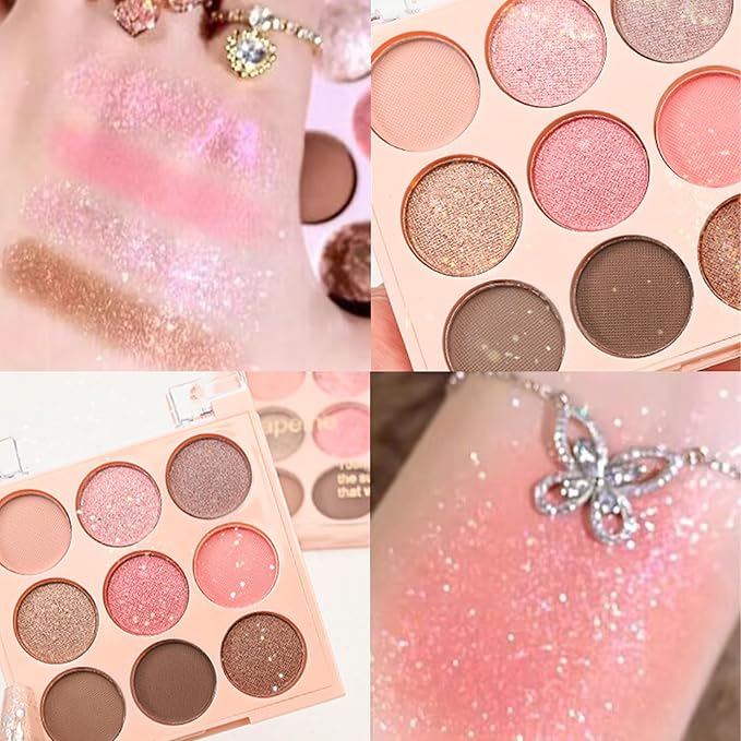 9 Colors Glitter Shimmer Eyeshadow Makeup Palette, Sparkle Neutral Eye Shadow Palettes, Highly Pigmented Long Lasting Waterproof Blendable, sombras para ojos Pink Golden Brown Eye Glitter