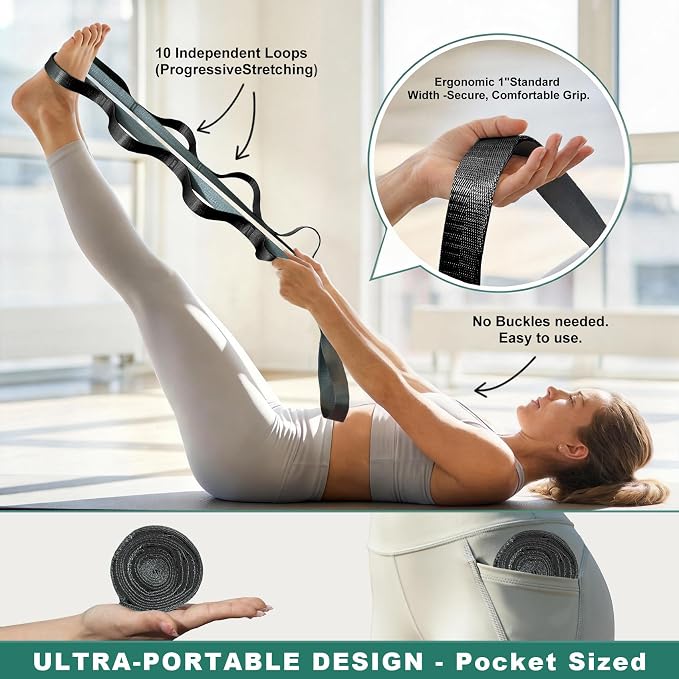 Acozycoo Stretching Strap with Loops,Non-Elastic Yoga Strap for Physical Therapy,Knee Replacement Recovery & Plantar Fasciitis,Leg Stretcher Band for Flexibility & Hamstring Rehab